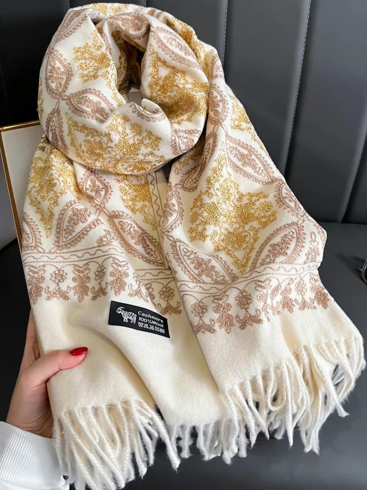 Boho Style Plants Embroidery Double Sided Scarf, Casual Soft Warm Fringe Trim Shawl for Women & Men, Fashion Accessories for Daily Wear