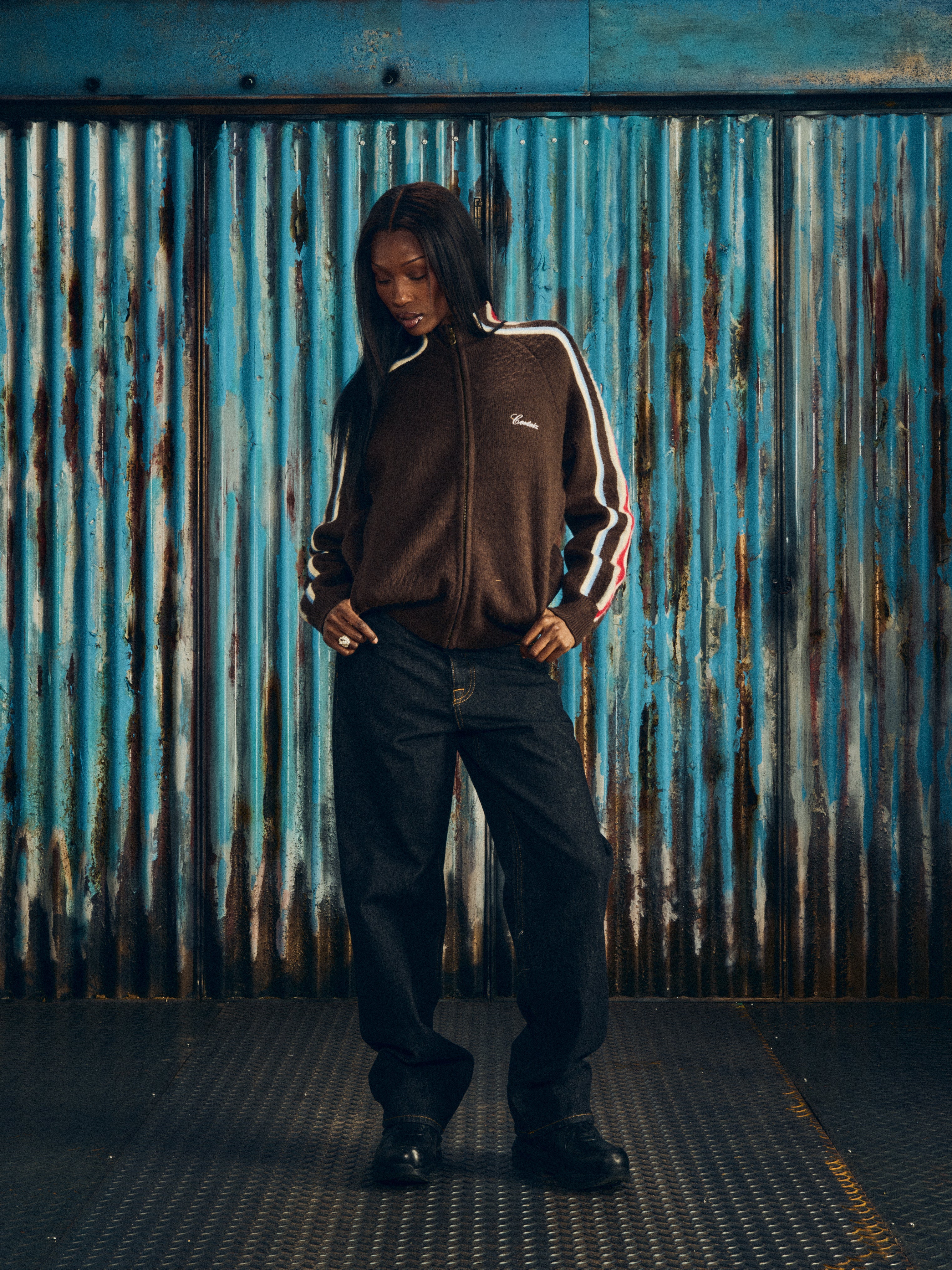 MULTI STRIPE KNIT ZIP UP [NAVY]