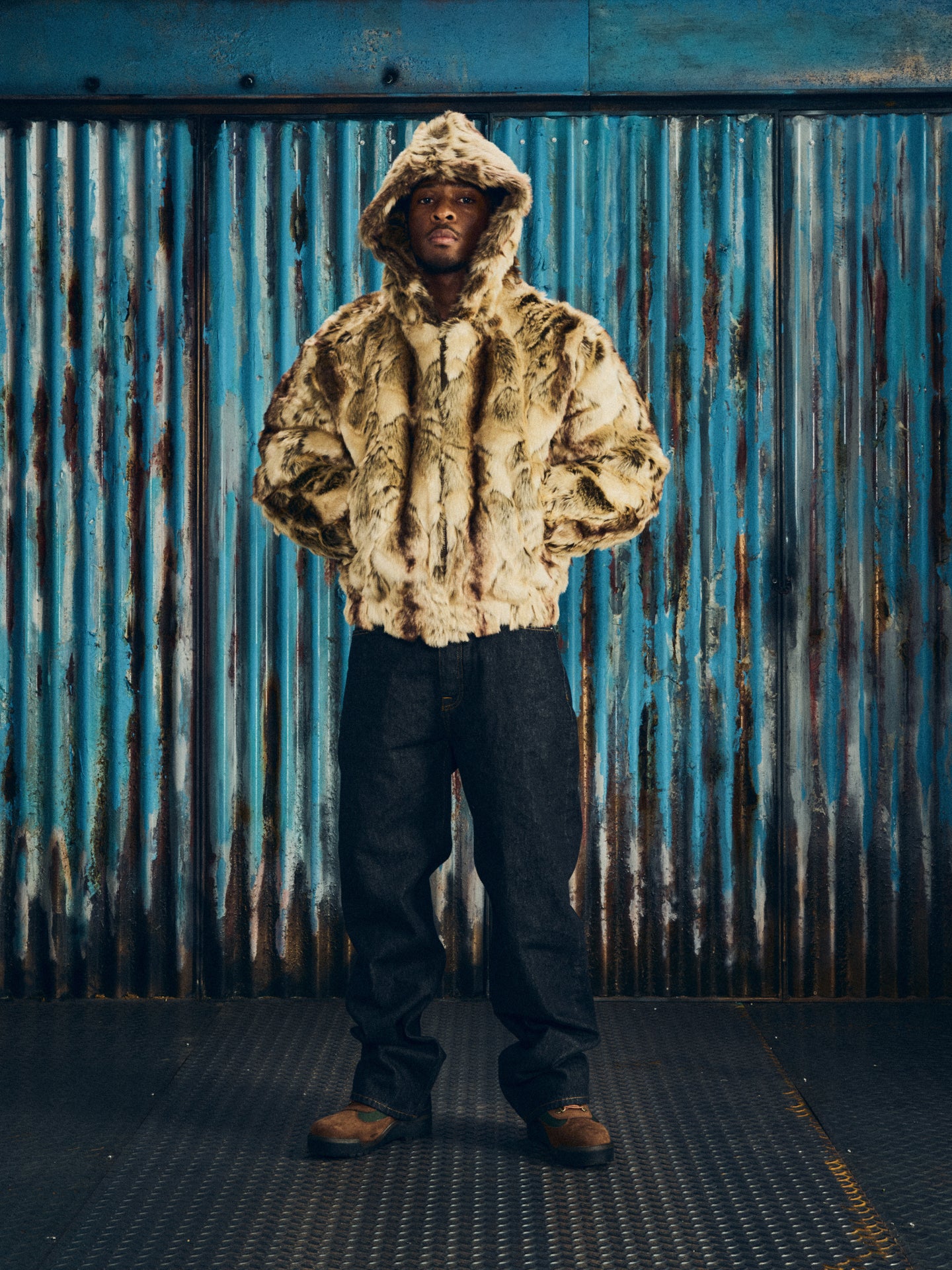 DIAMOND HOODED FUR JACKET [BROWN]