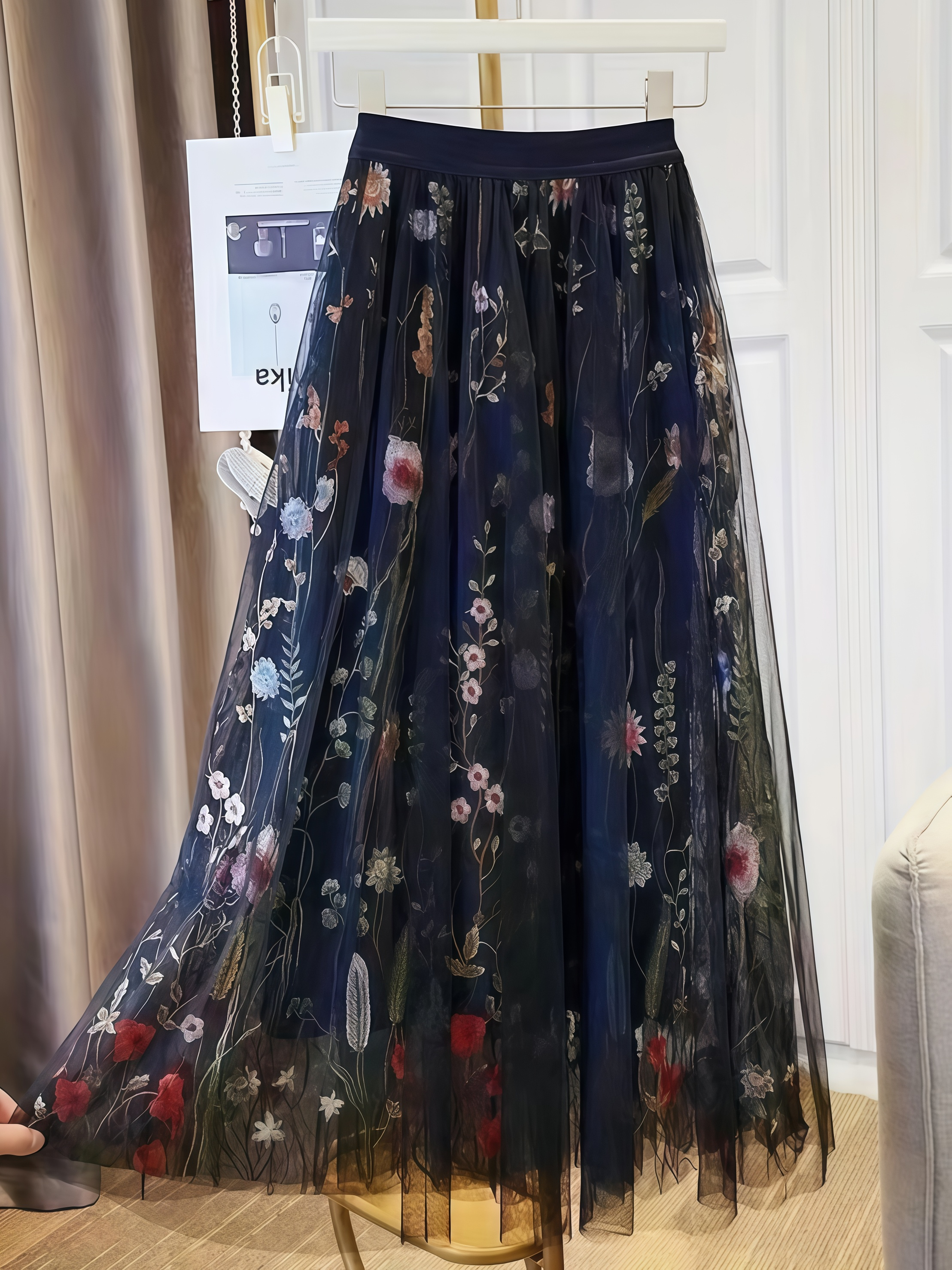 ￼ Women's Floral Embroidery Contrast Mesh Tiered Layer Skirt