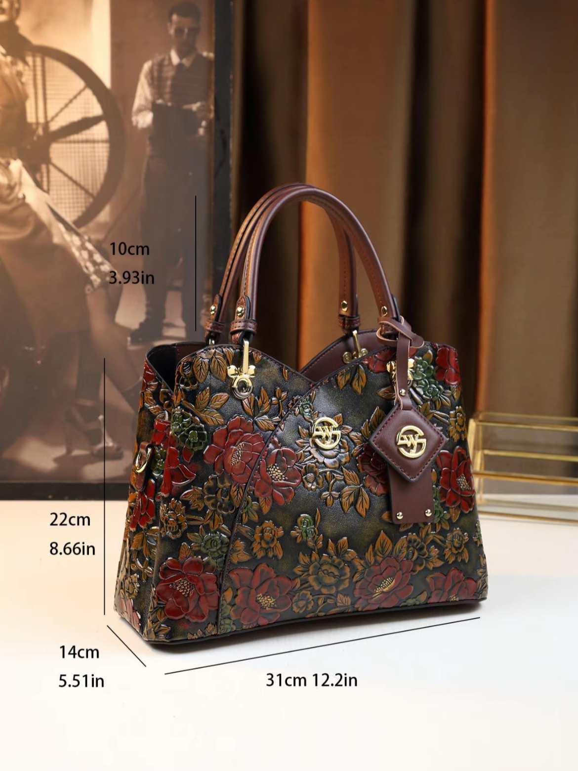 ￼ Women's Elegant Floral Embossed Handbag, PU Leather Satchel