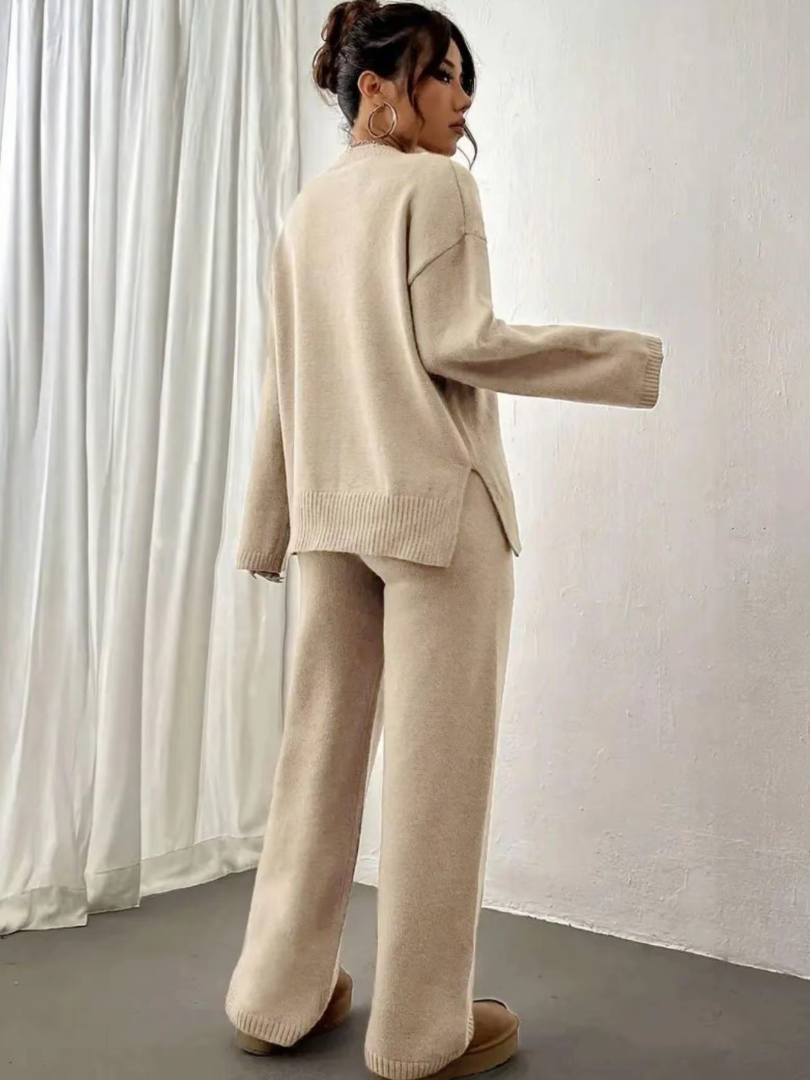 Women's Solid Drop Shoulder Split Hem Sweater & Elastic Waist Straight Leg Pants Two-piece Set