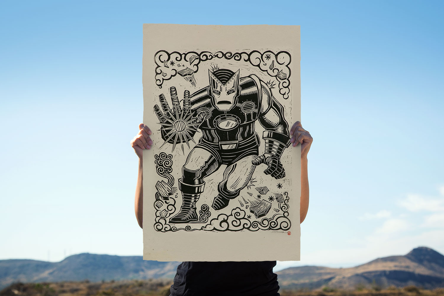 Iron Man Linocut on Lokta Paper