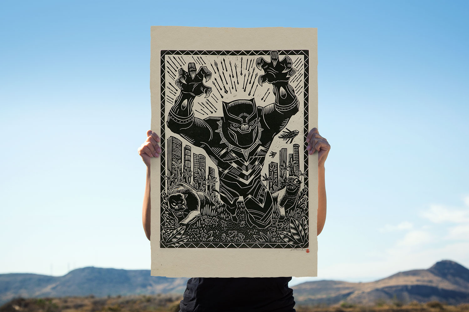Black Panther Linocut on Lokta Paper