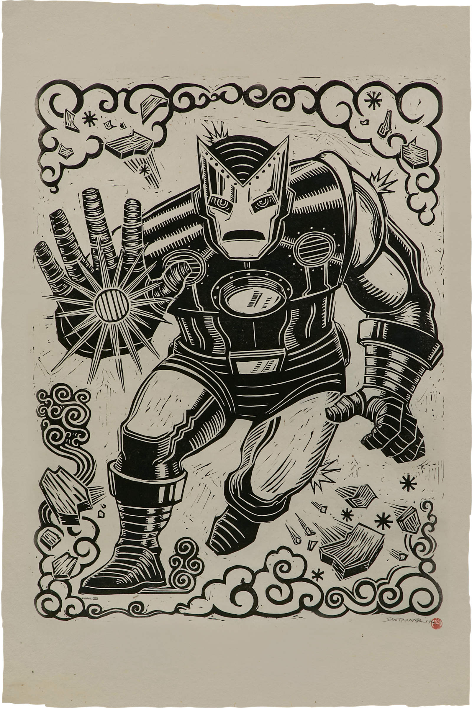 Iron Man Linocut on Lokta Paper