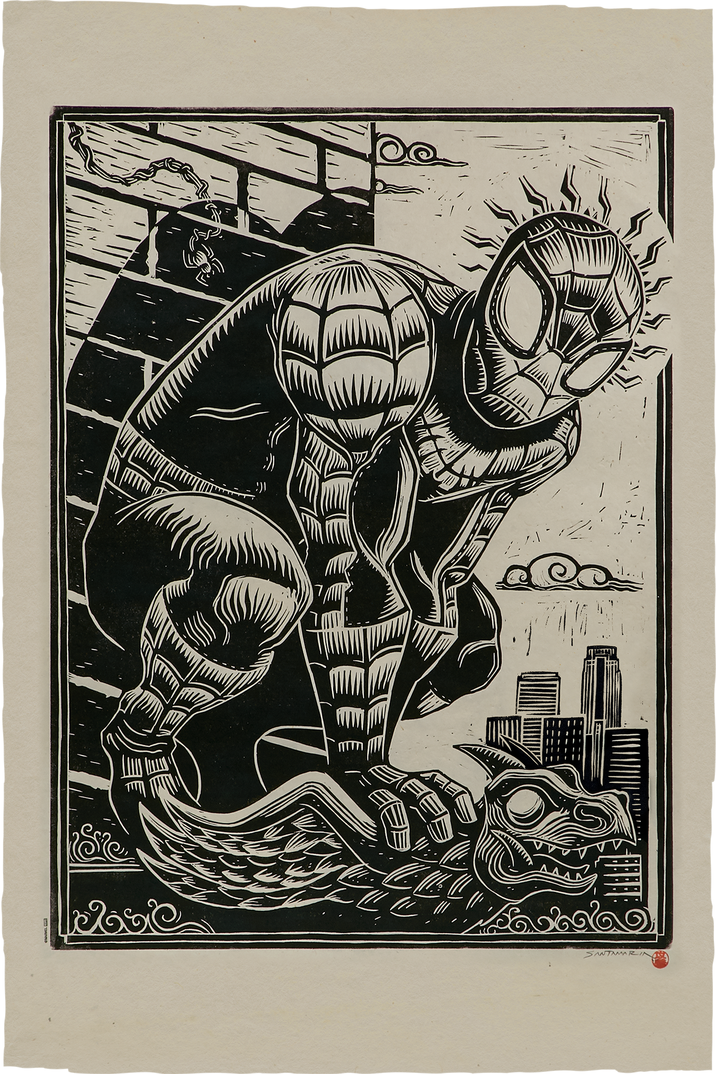Spider-Man Linocut on Lokta Paper