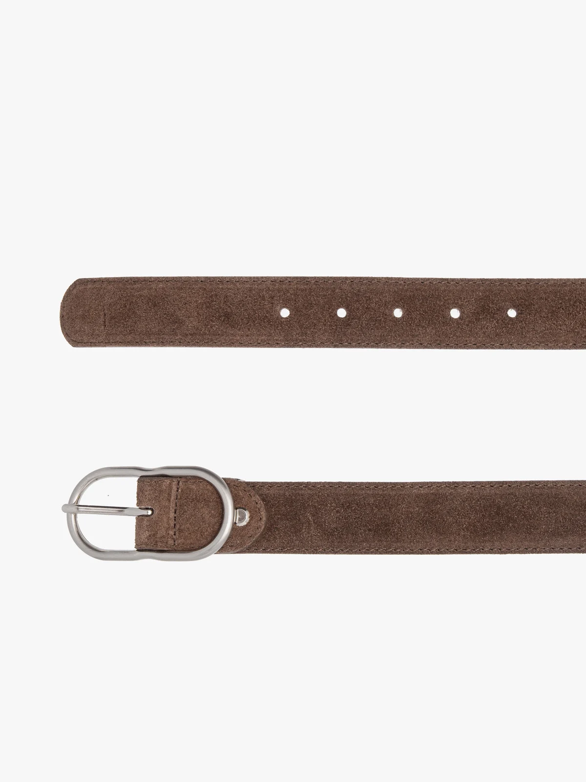 Brązowy, welurowy pasek damski ze srebrną klamrą