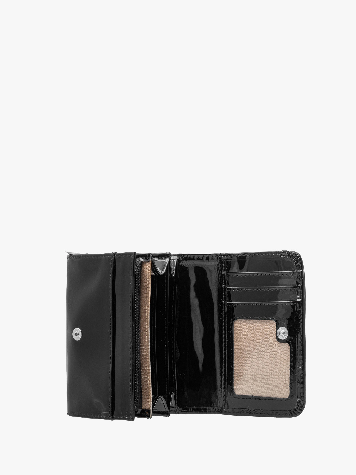 Czarny lakierowany portfel damski ze srebrnymi detalami