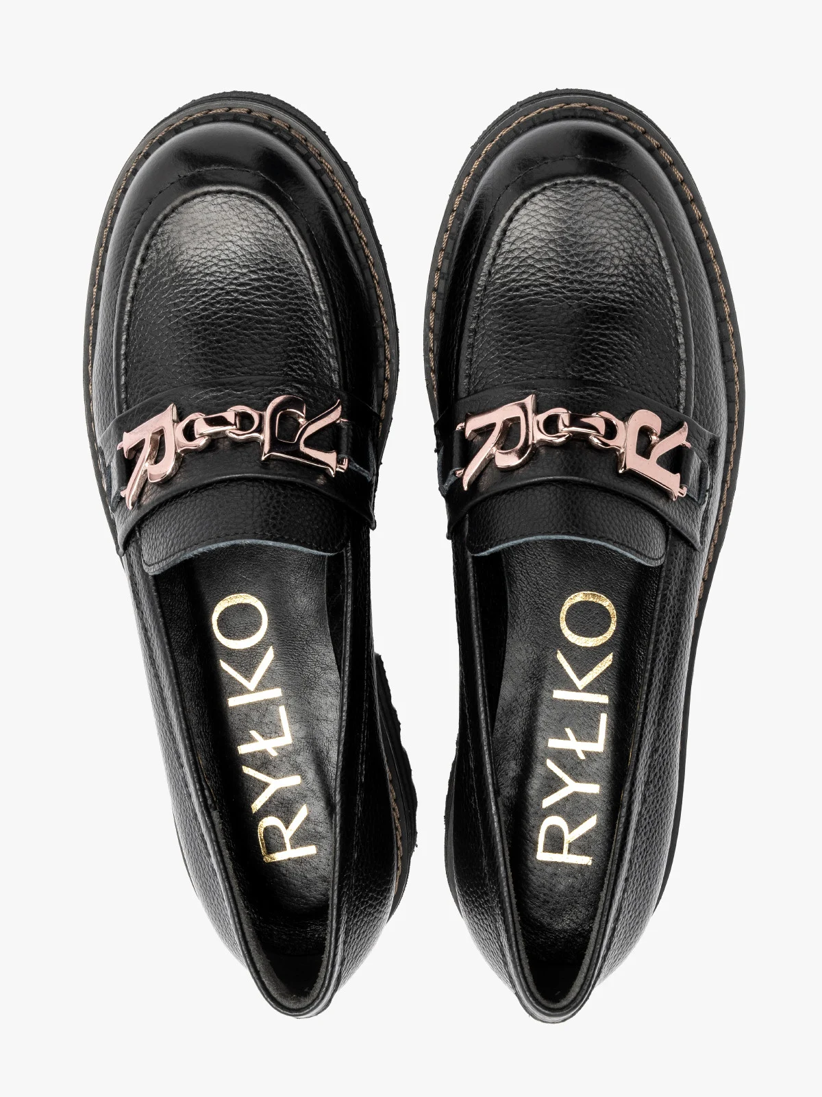 Czarne mokasyny damskie ze złota ozdobą