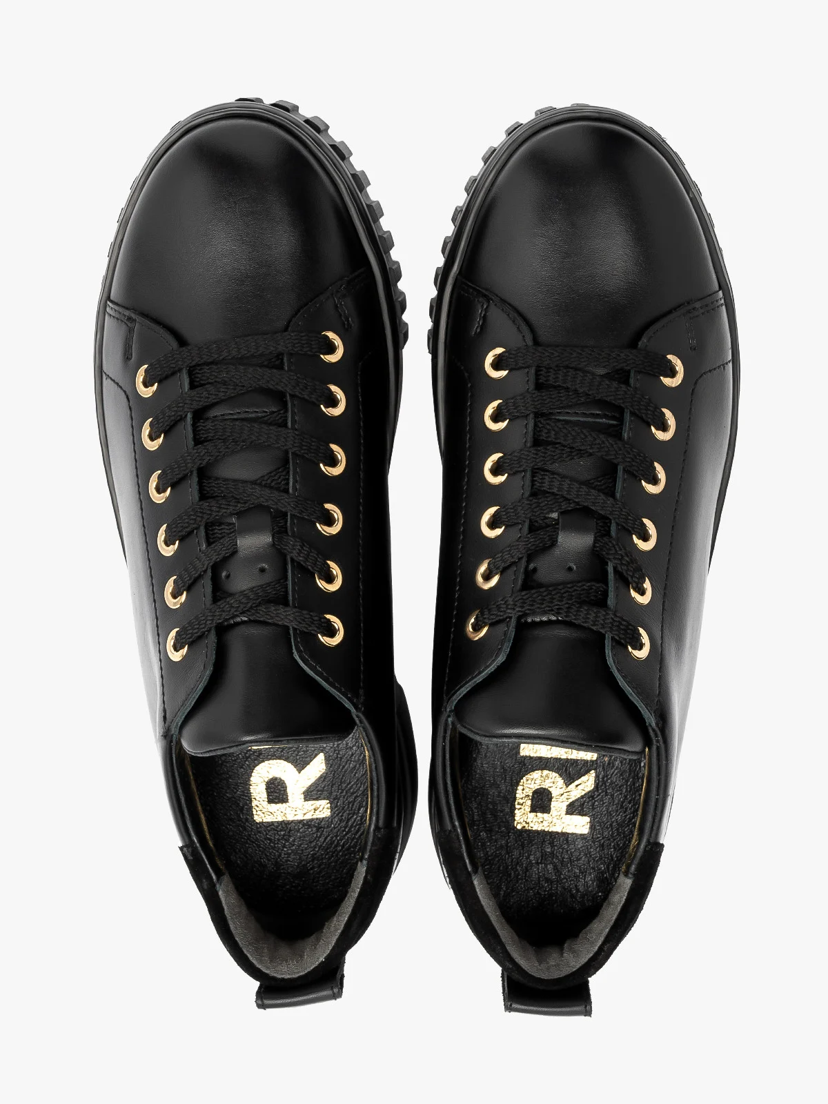 Czarne półbuty sportowe ze złotymi detalami na grubej podeszwie