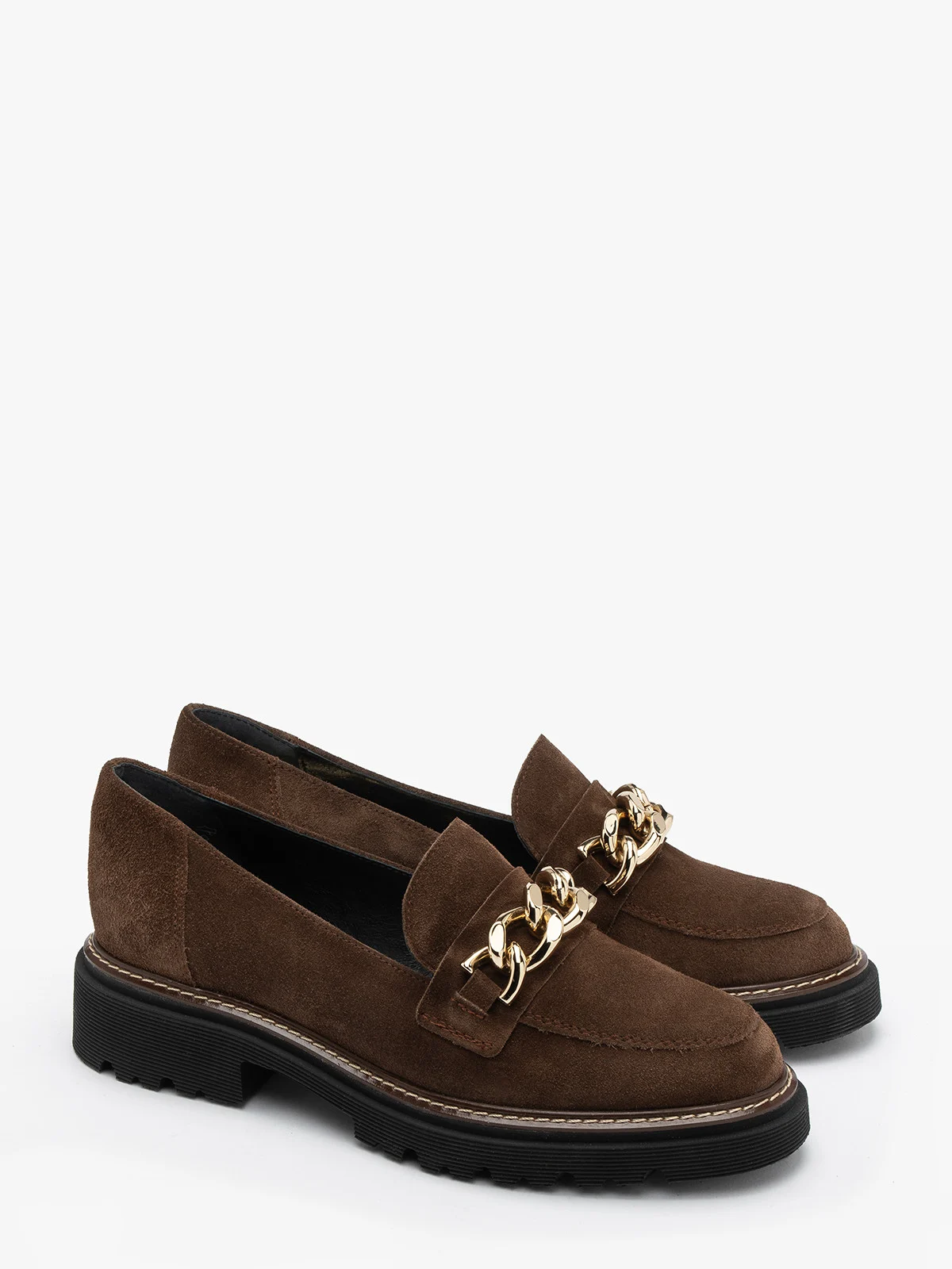 Brązowe mokasyny damskie z masywną, złotą ozdobą