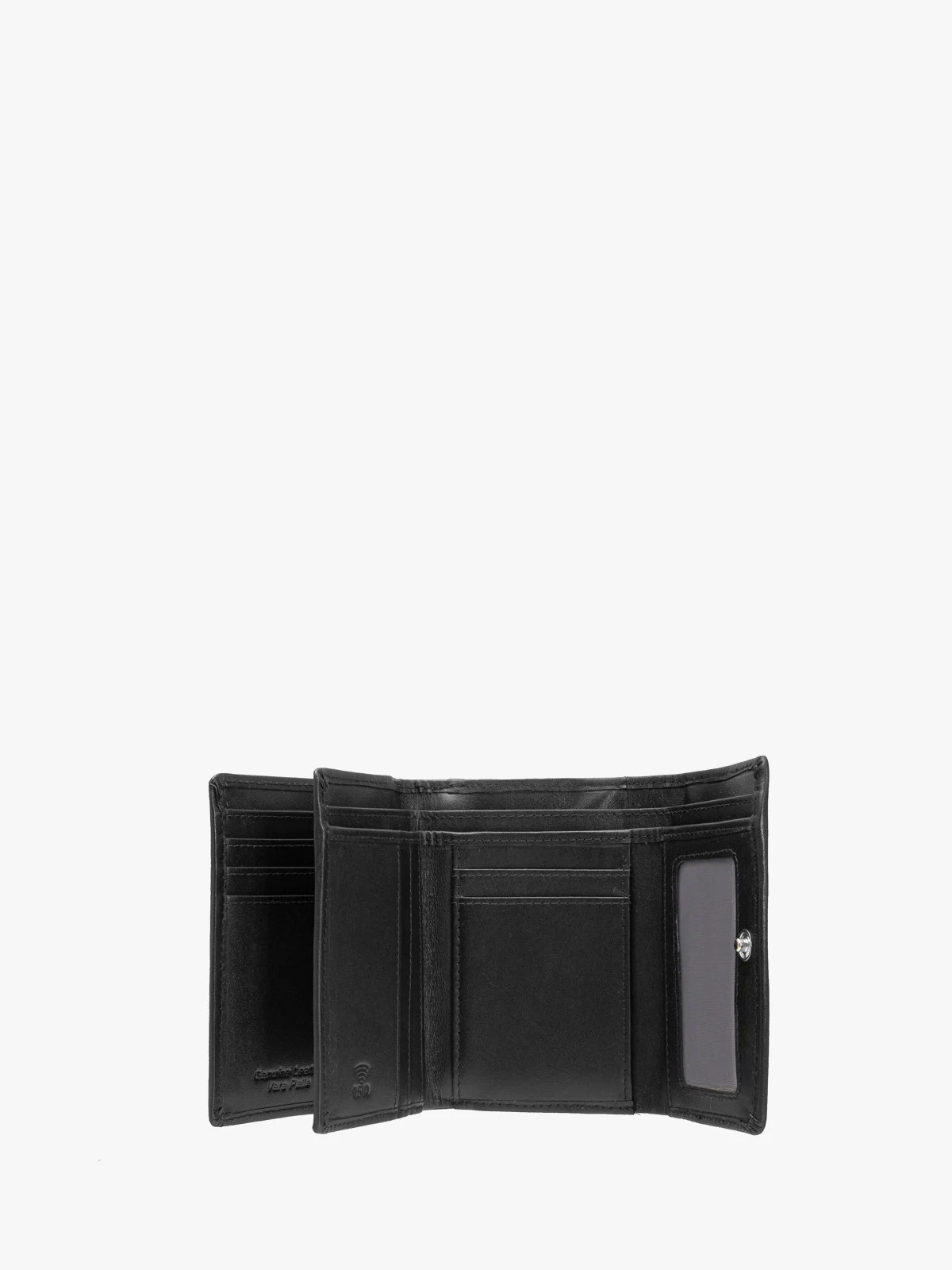 Czarny portfel damski z dekoracyjnym zapięciem