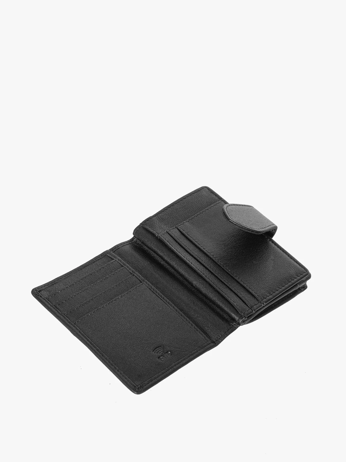 Czarny portfel damski zapinany na zatrzask oraz bigiel