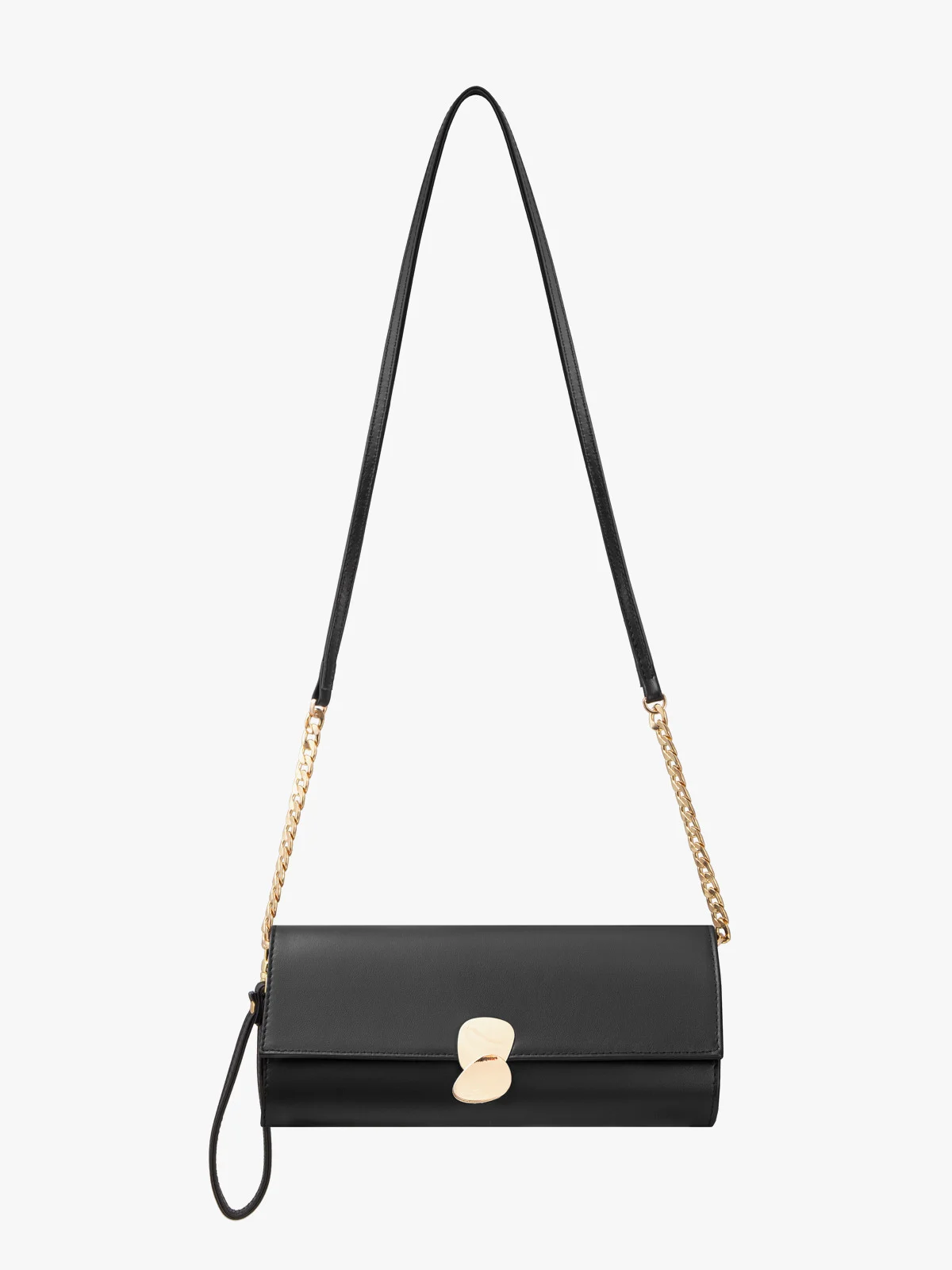 Elegancka czarna torebka z ozdobnym zapięciem