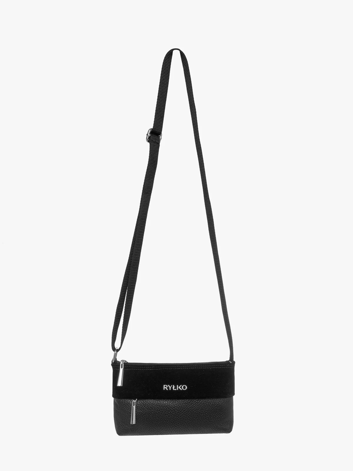 Mała, czarna torebka na pasku z taśmy