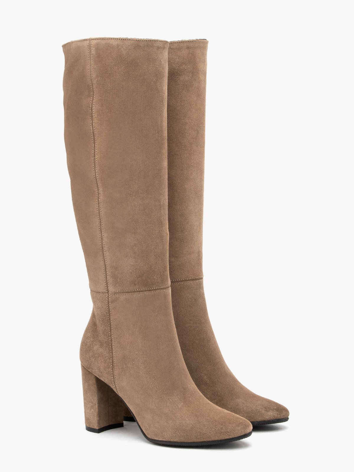 Piaskowe kozaki damskie na słupkowym obcasie