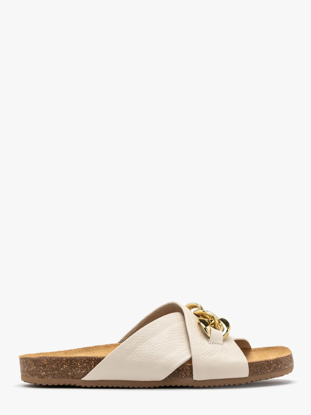 Kremowe klapki ze złotym łańcuchem