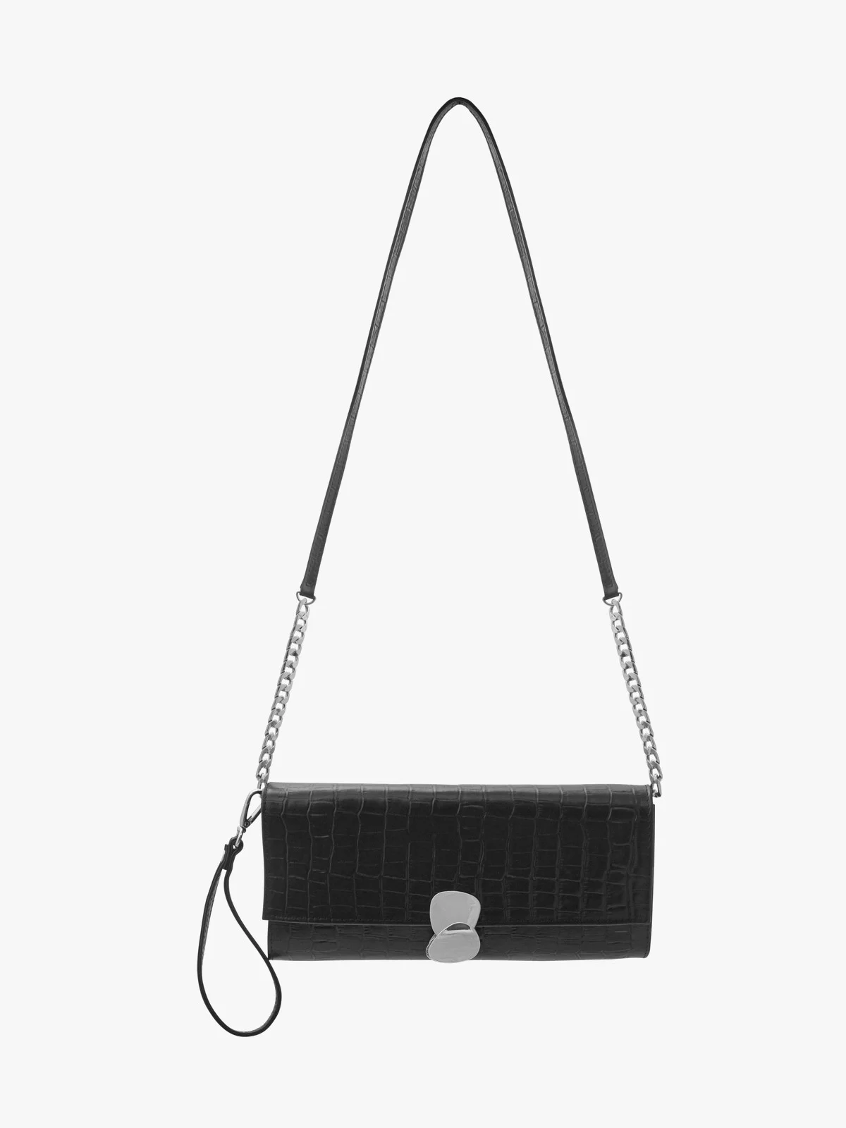 Elegancka, czarna torebka z ozdobną fakturą