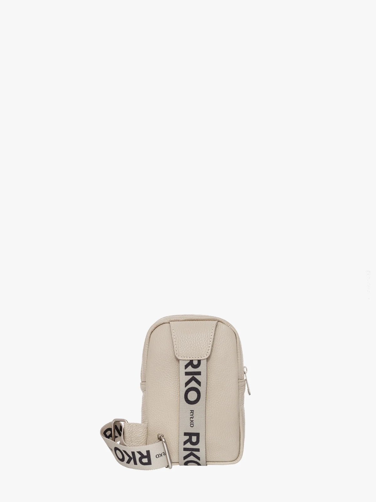 Beżowa torebka typu nerka z ozdobnym paskiem z taśmy