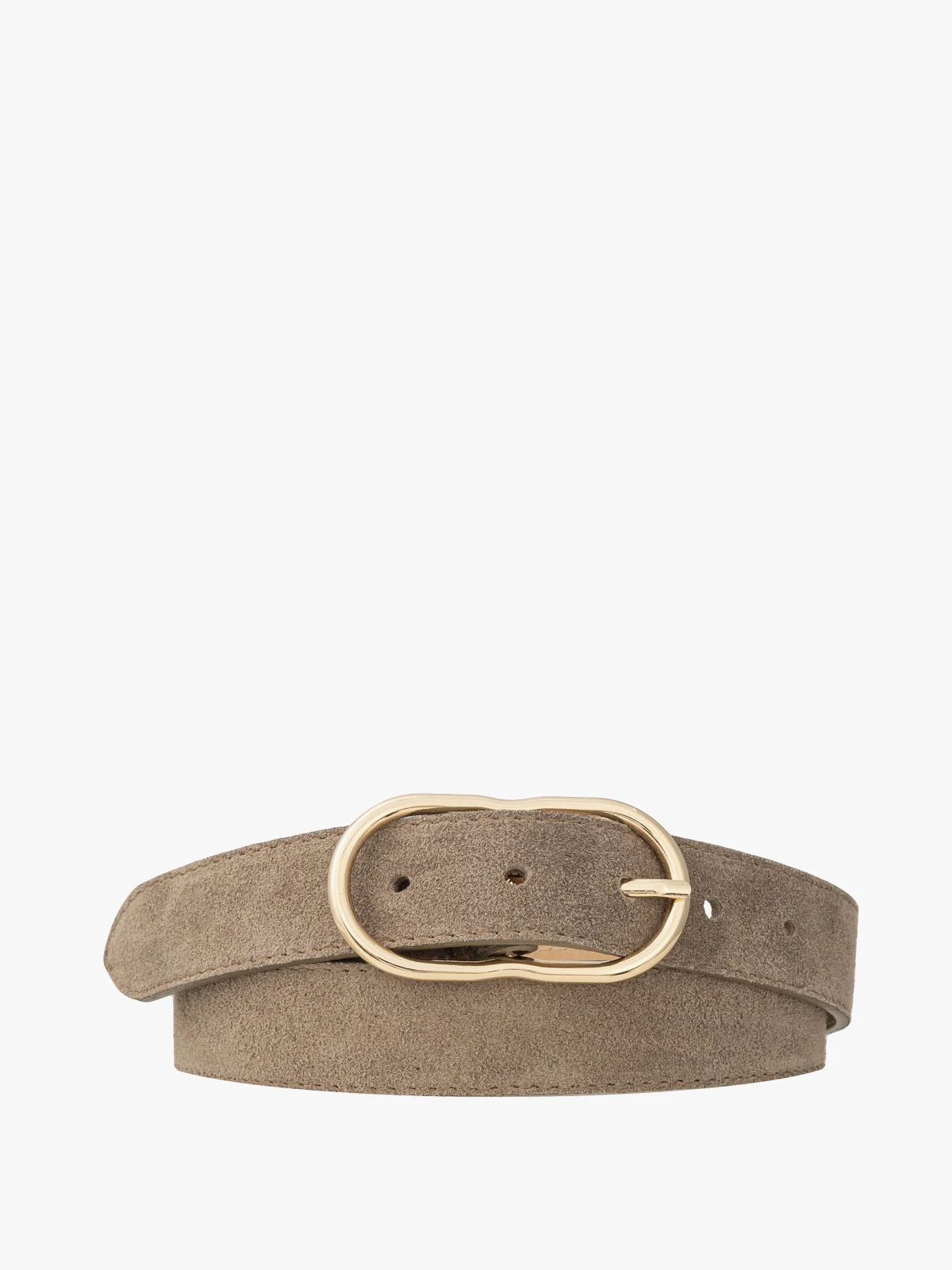 Ciemnobeżowy welurowy pasek damski ze złotą klamrą