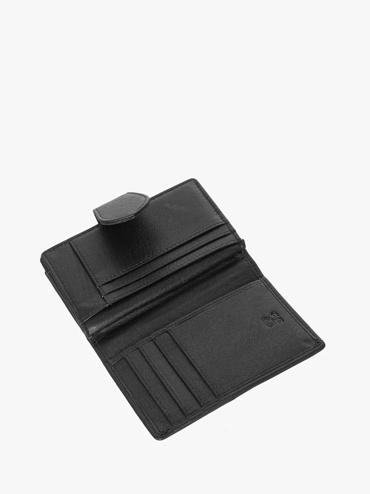 Czarny portfel damski zapinany na zatrzask oraz bigiel