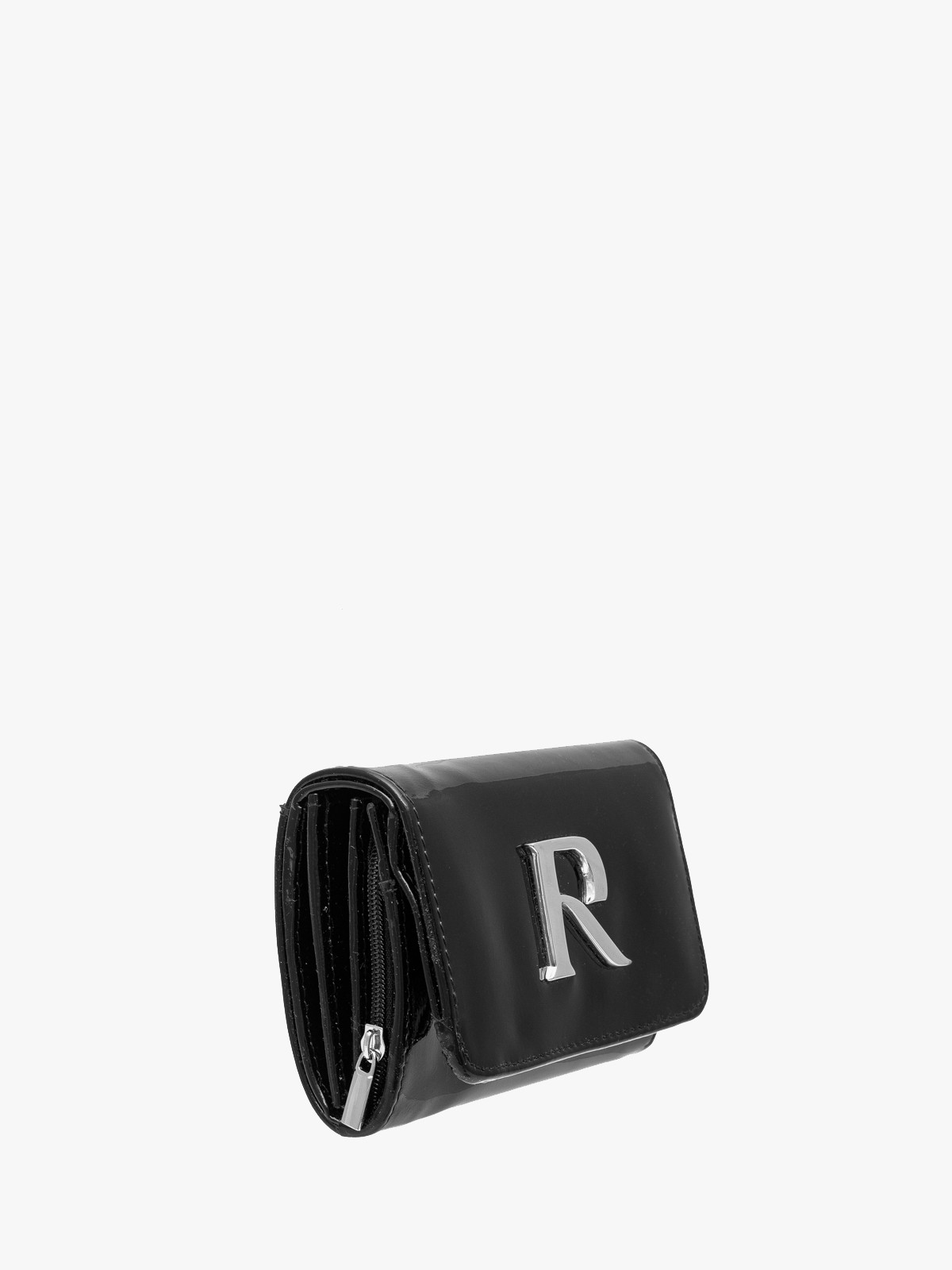 Czarny lakierowany portfel damski ze srebrnymi detalami