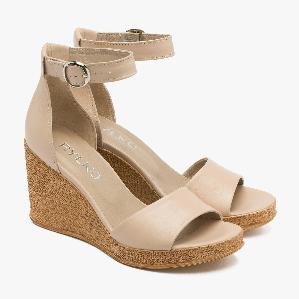 Dwuczęściowe beżowe sandały na koturnie