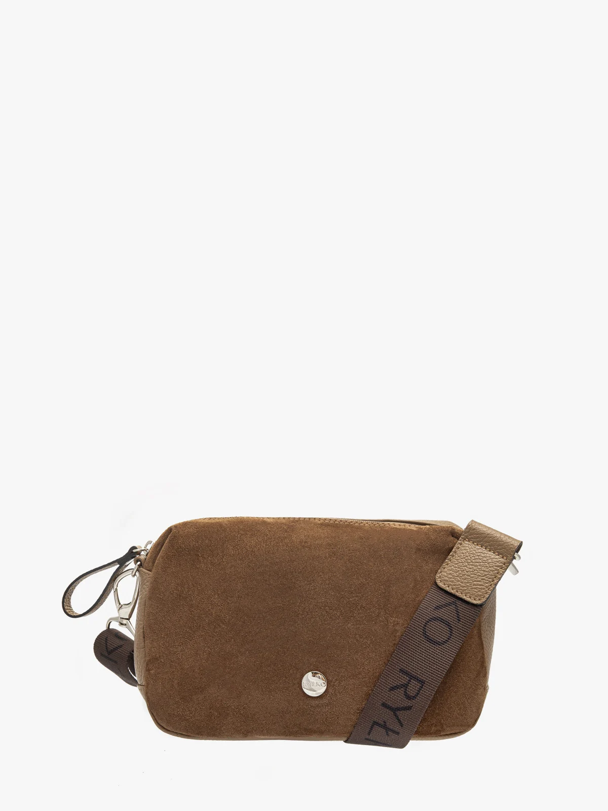 Mała, ruda torebka listonoszka na taśmie z logotypem