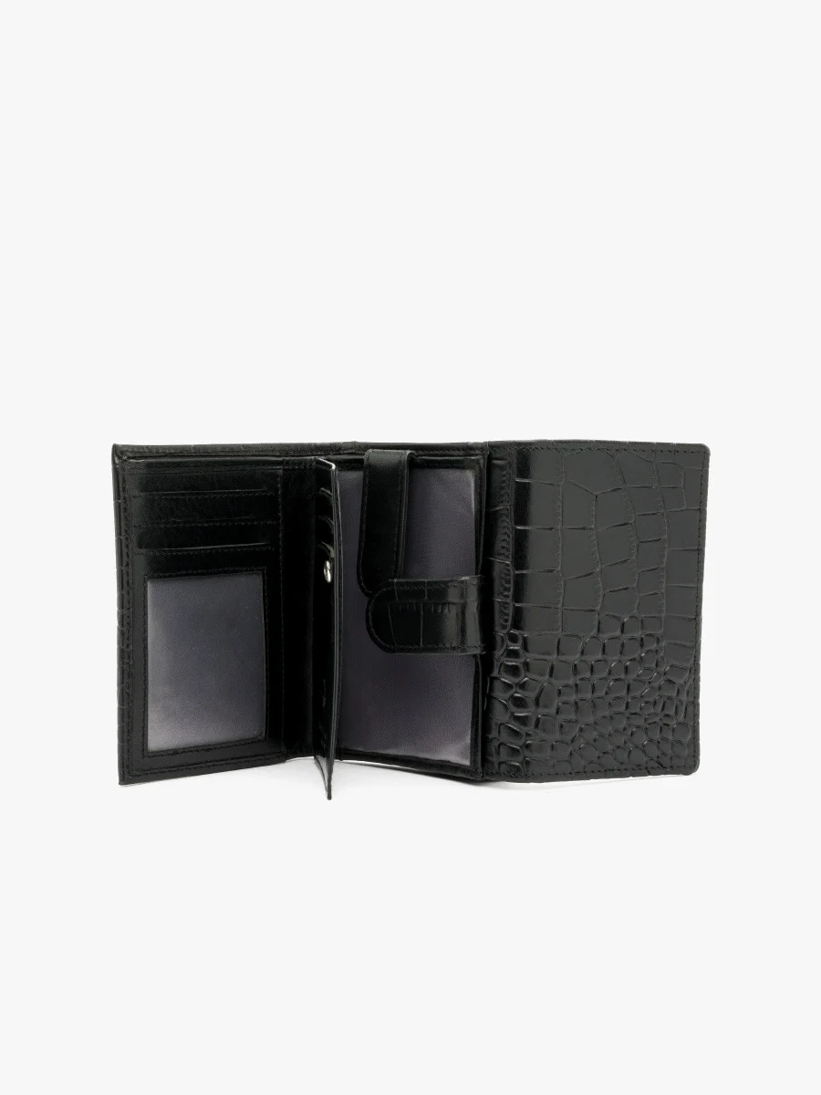 Czarny portfel damski z ozdobną fakturą