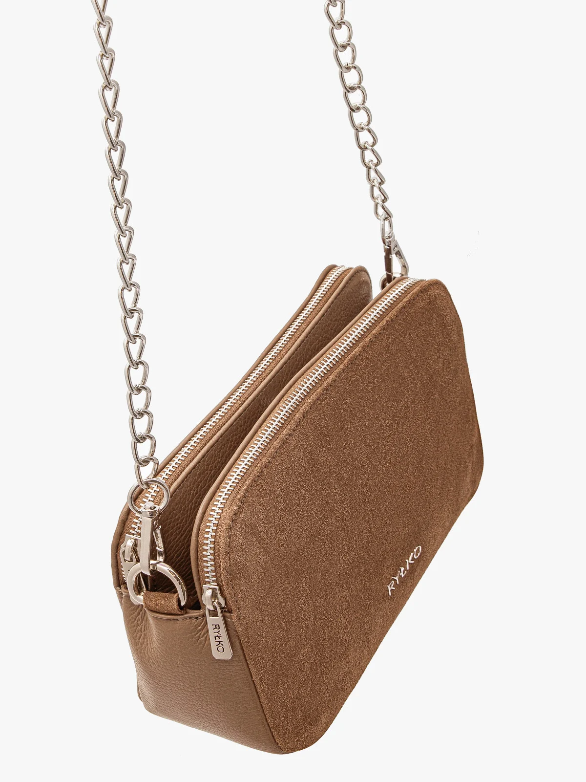 Mała, ciemnobeżowa torebka z łańcuszkowym paskiem na ramię
