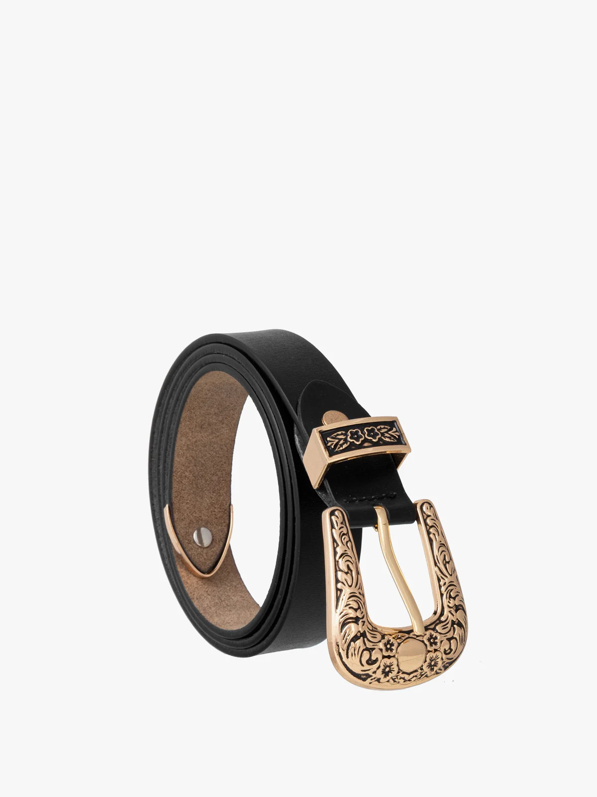 Czarny skórzany pasek z dekoracyjną klamrą