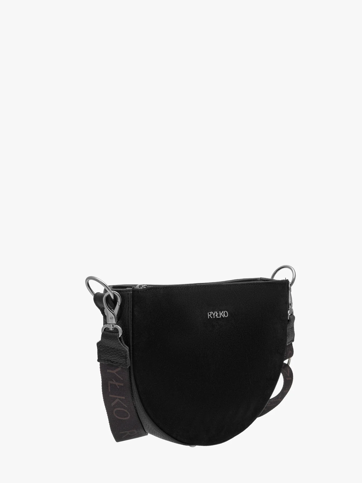 Mała, czarna torebka na szerokim pasku z taśmy