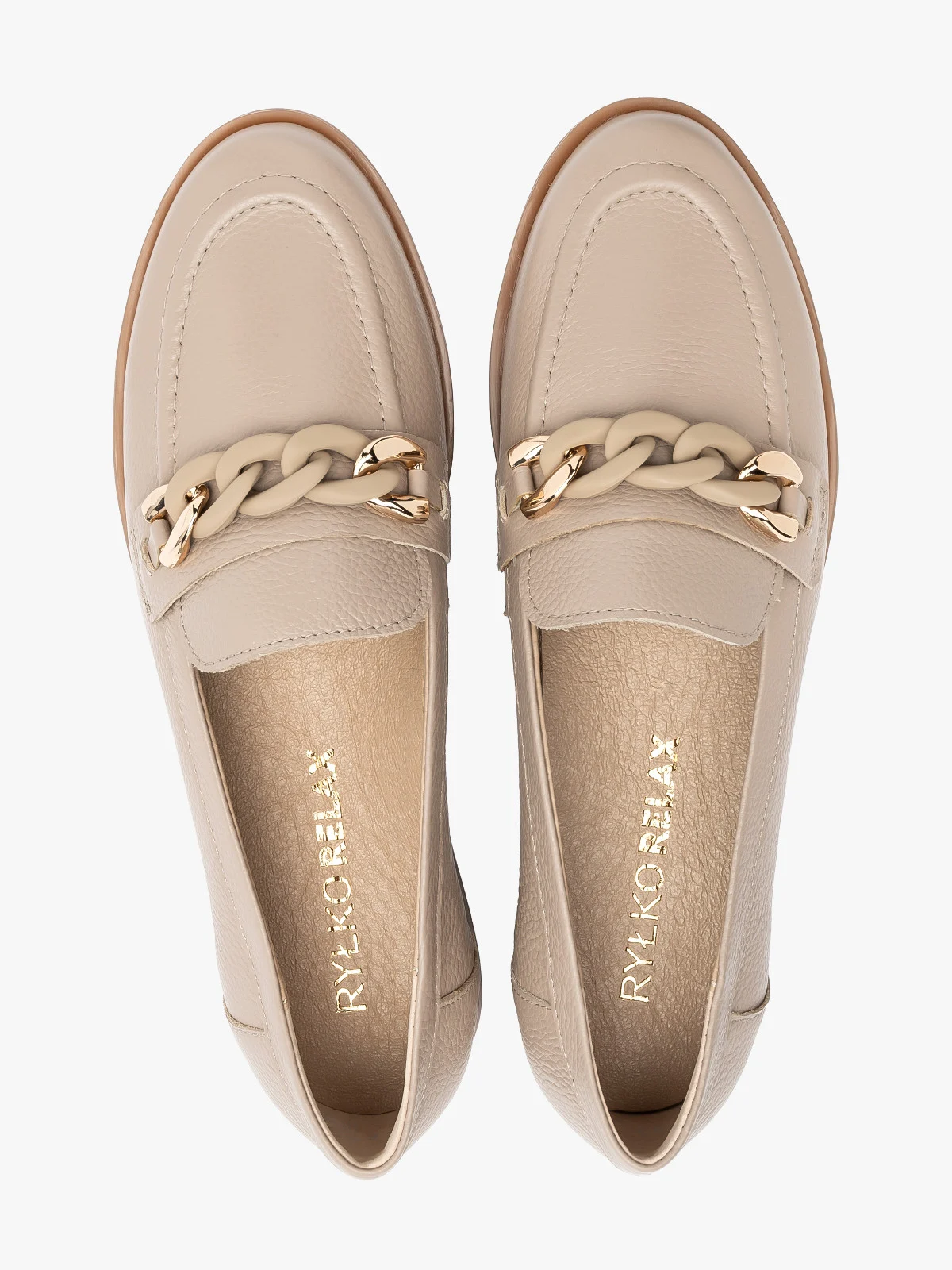 Beżowe mokasyny ze złoto-beżową ozdobą