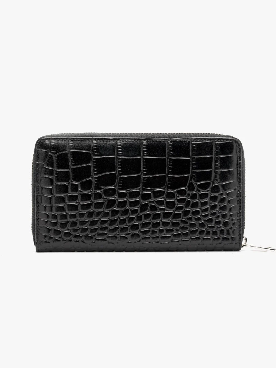 Czarny portfel damski z ozdobną fakturą