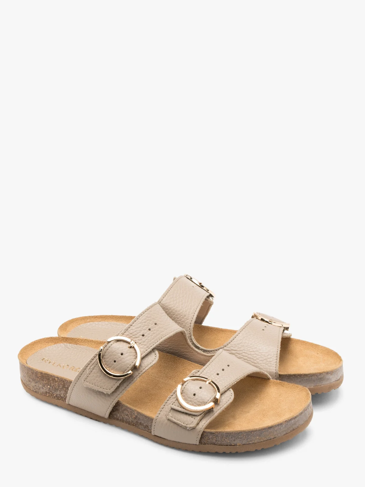 Beżowe klapki ze złotymi sprzączkami