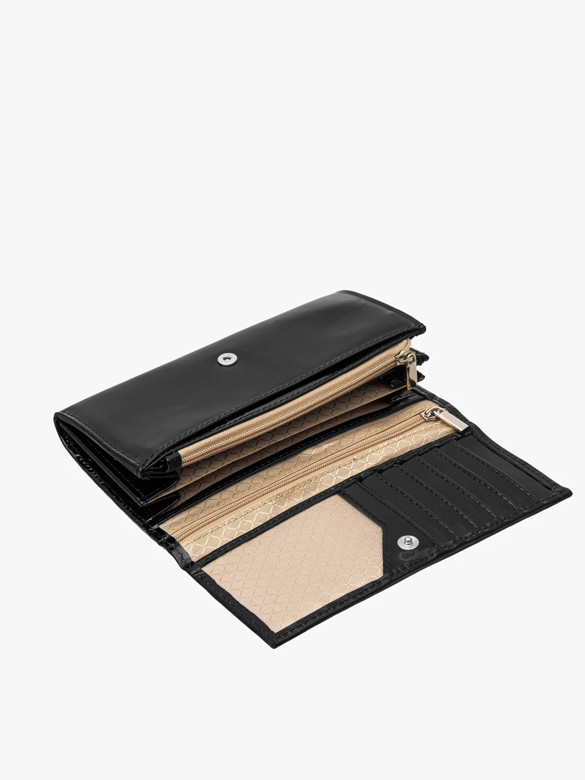 Czarny, lakierowany portfel damski