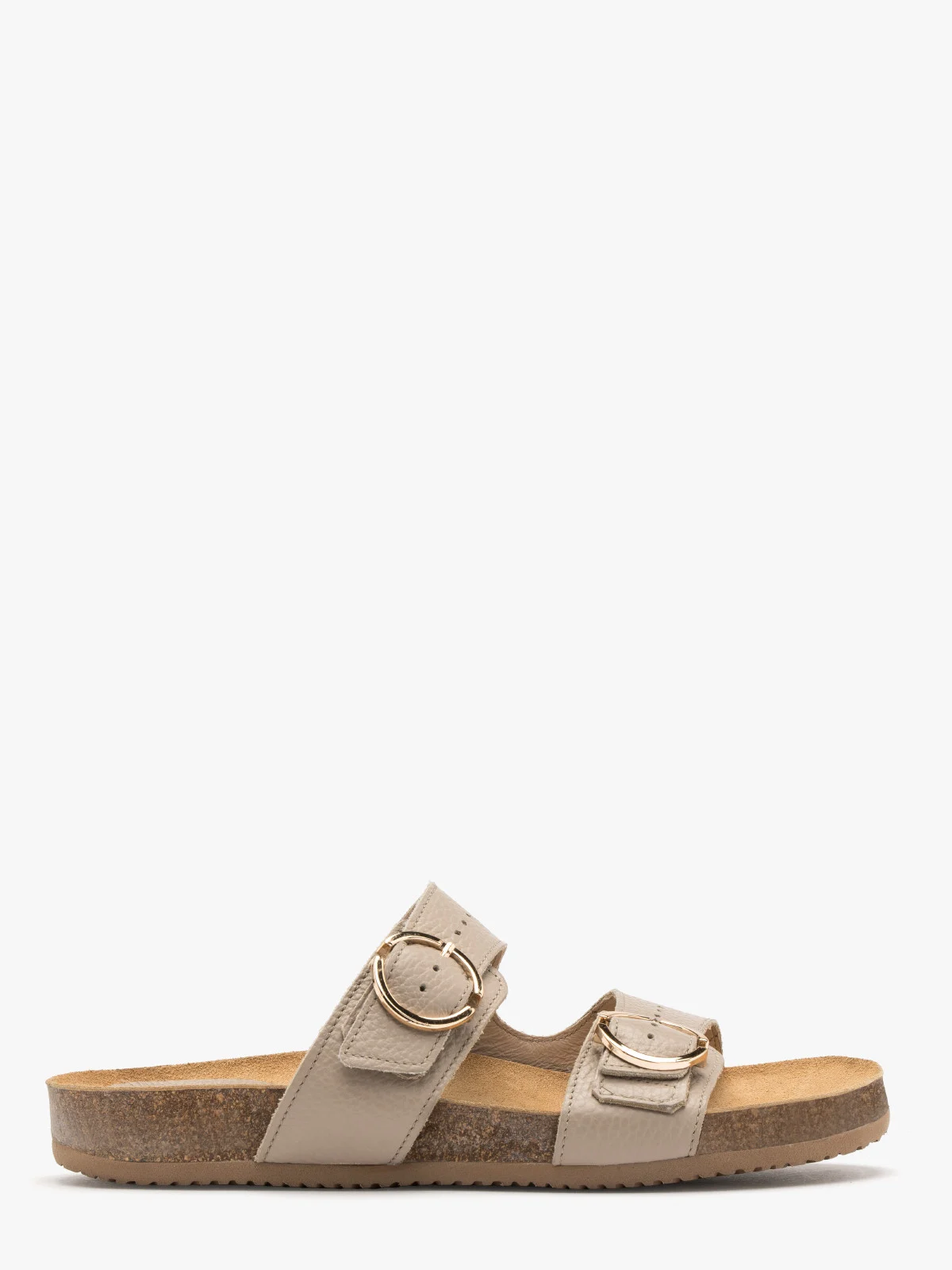 Beżowe klapki ze złotymi sprzączkami