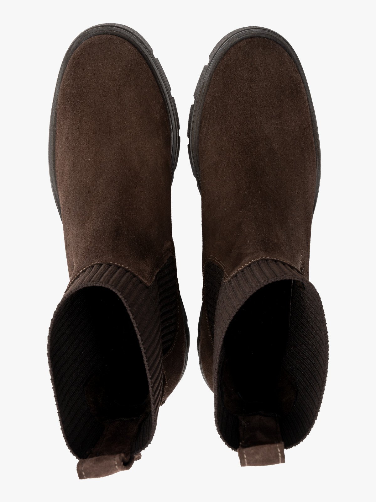 Brązowe, welurowe sztyblety z ozdobną gumą