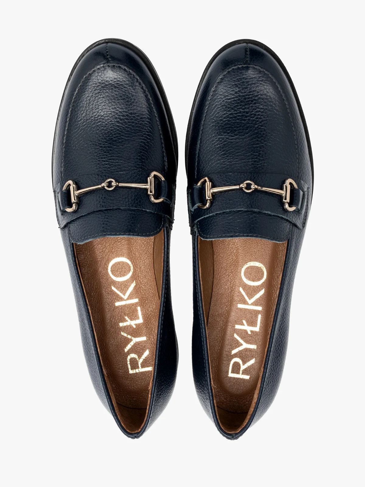 Granatowe mokasyny z platynową ozdobą