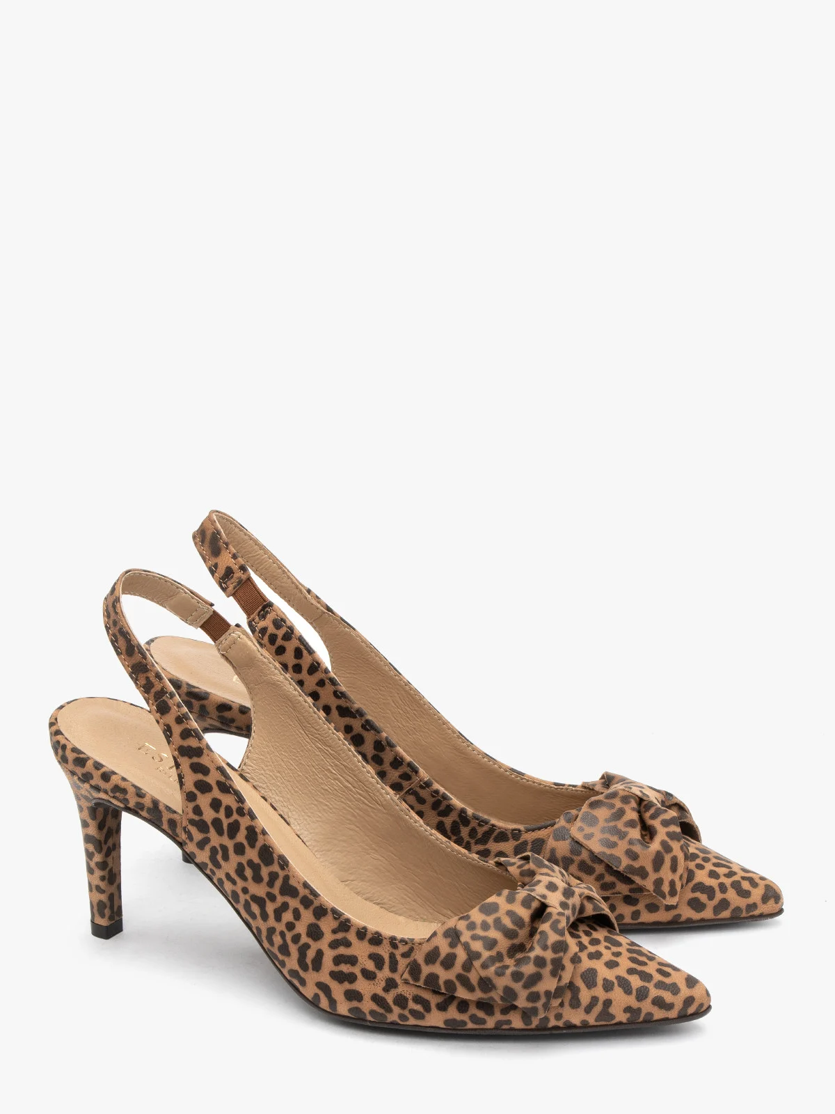 Czółenka typu slingback w panterkę z kokardką