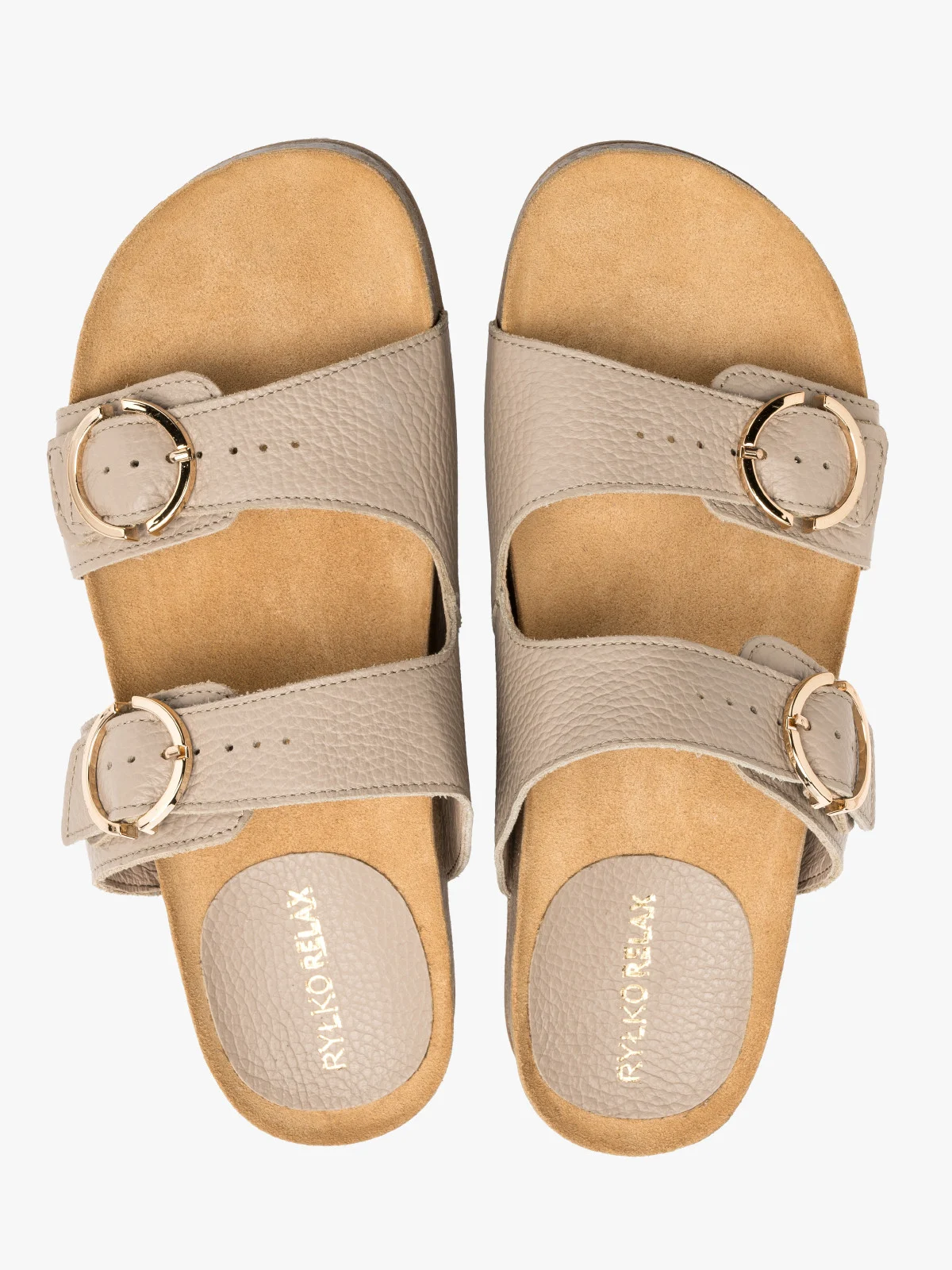 Beżowe klapki ze złotymi sprzączkami