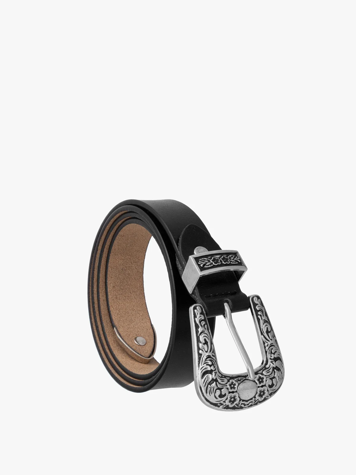 Czarny skórzany pasek z dekoracyjną klamrą