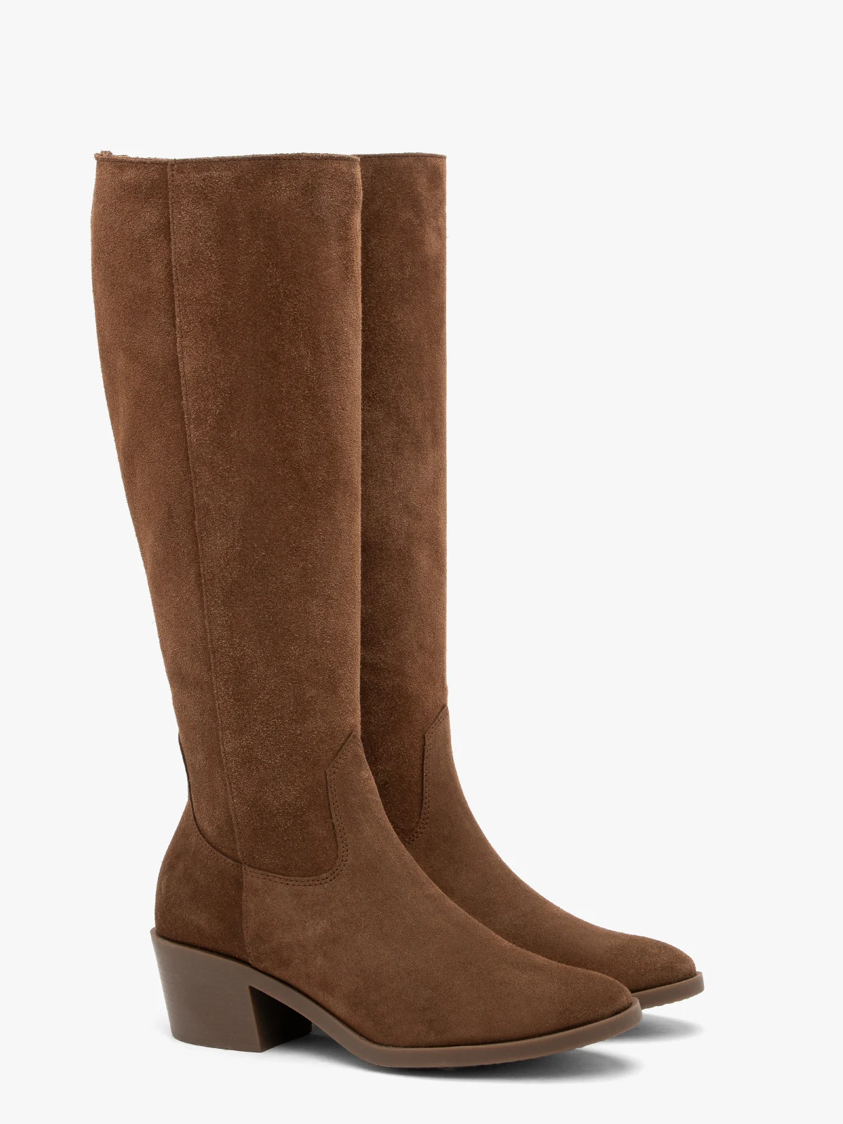 Brązowe, welurowe kozaki damskie z ozdobną cholewą