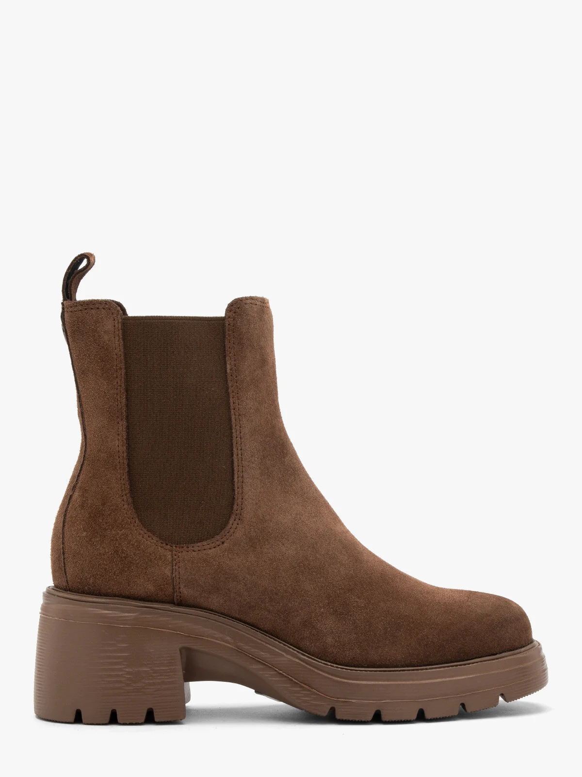 Welurowe, brązowe sztyblety damskie na masywnym spodzie