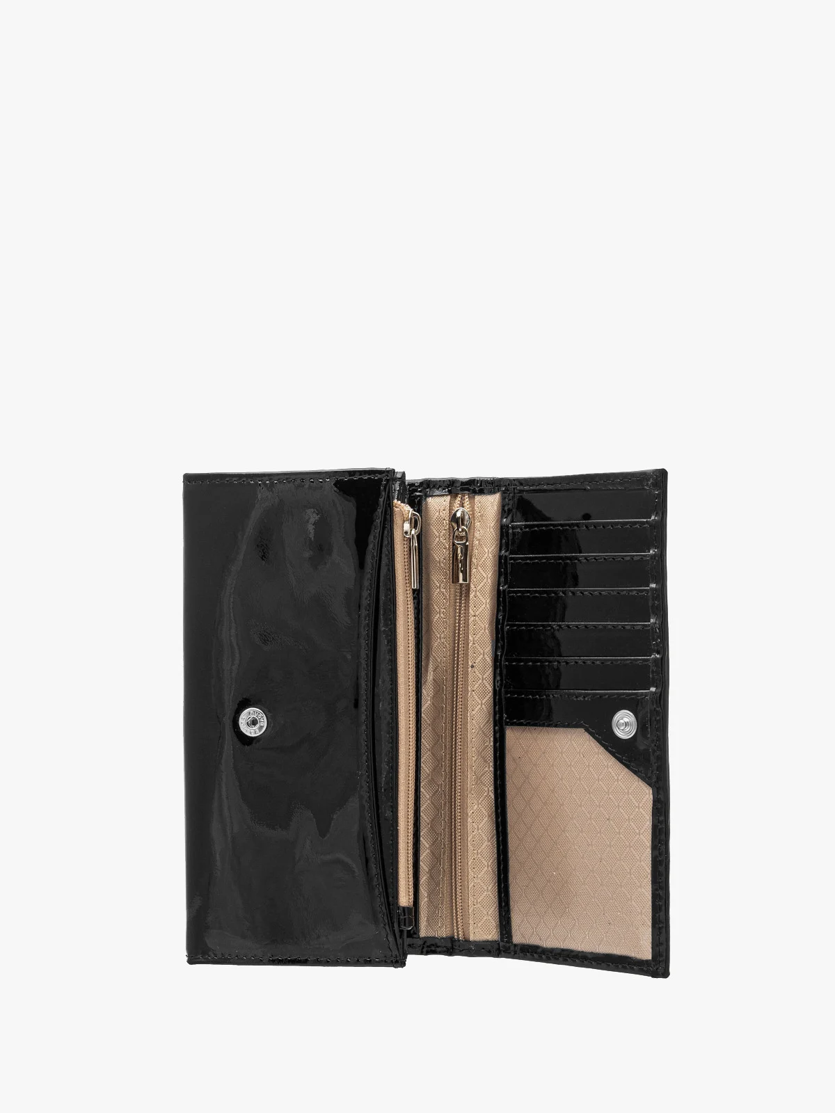 Czarny, lakierowany portfel damski