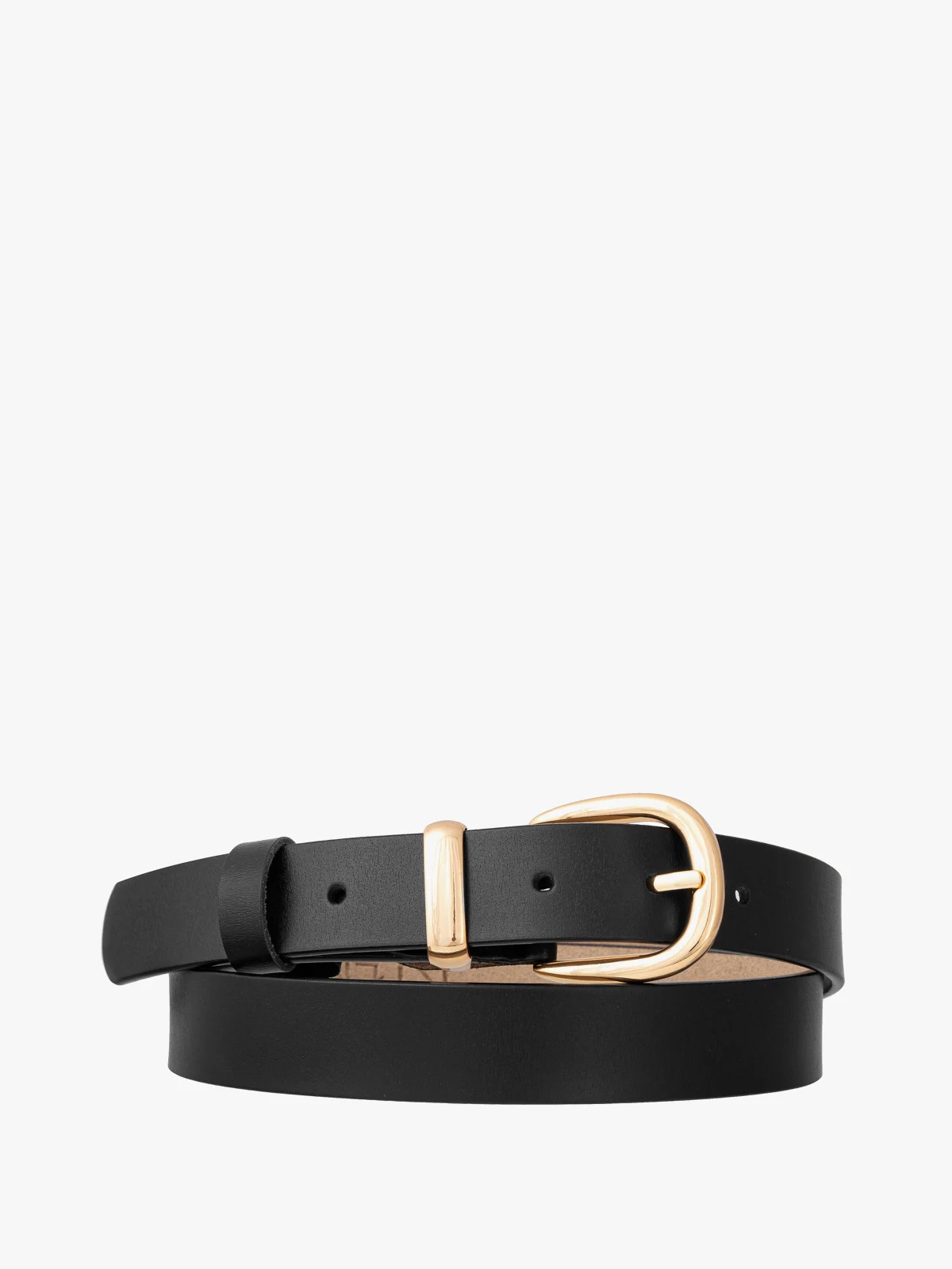 Czarny skórzany pasek ze złotą klamrą