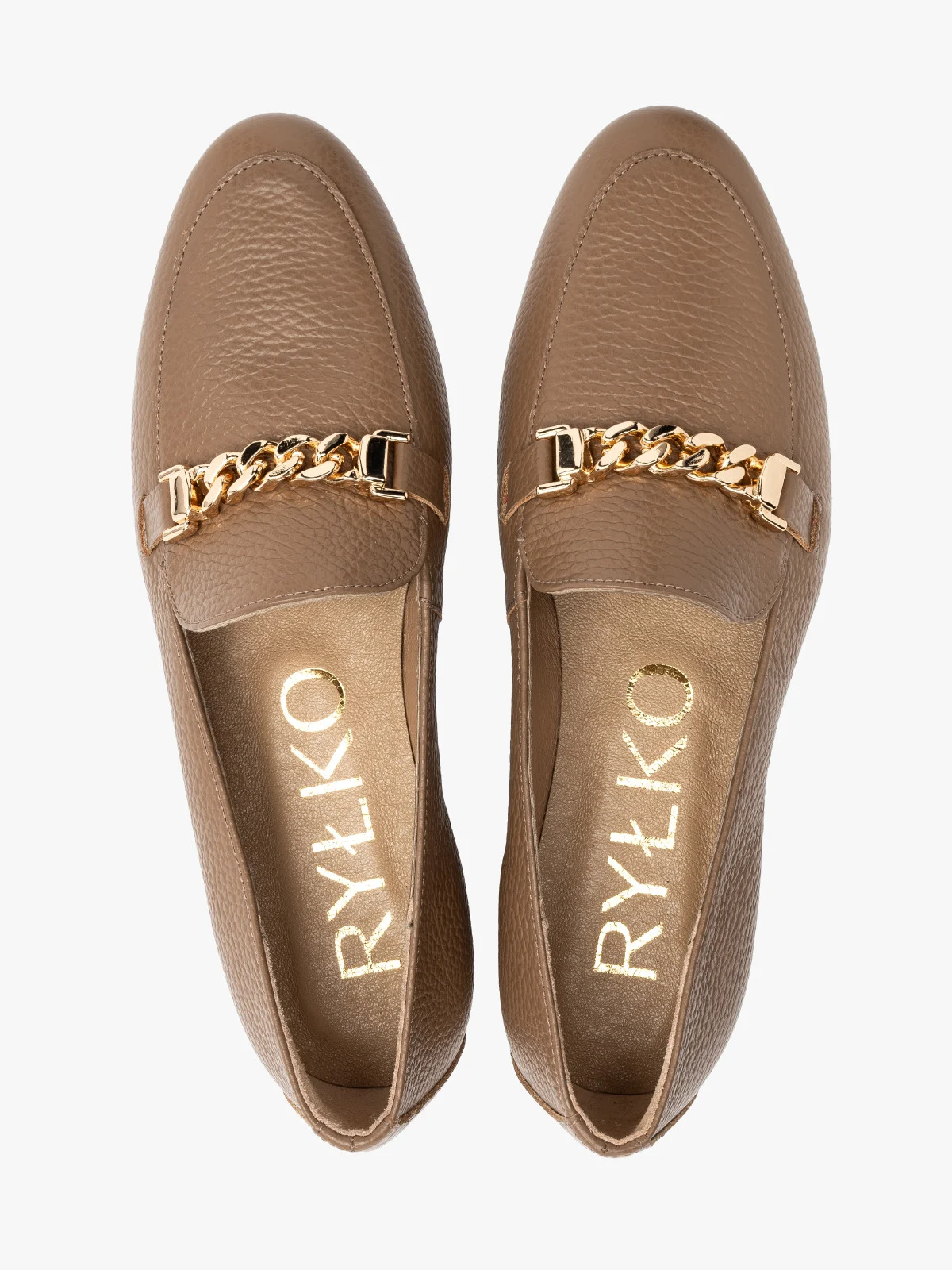 Ciemnobeżowe mokasyny damskie z ozdobą