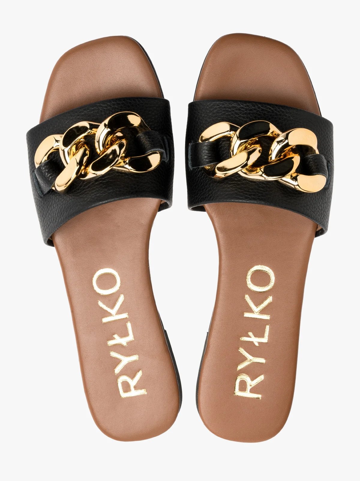 Czarne klapki ze złotym łańcuchem