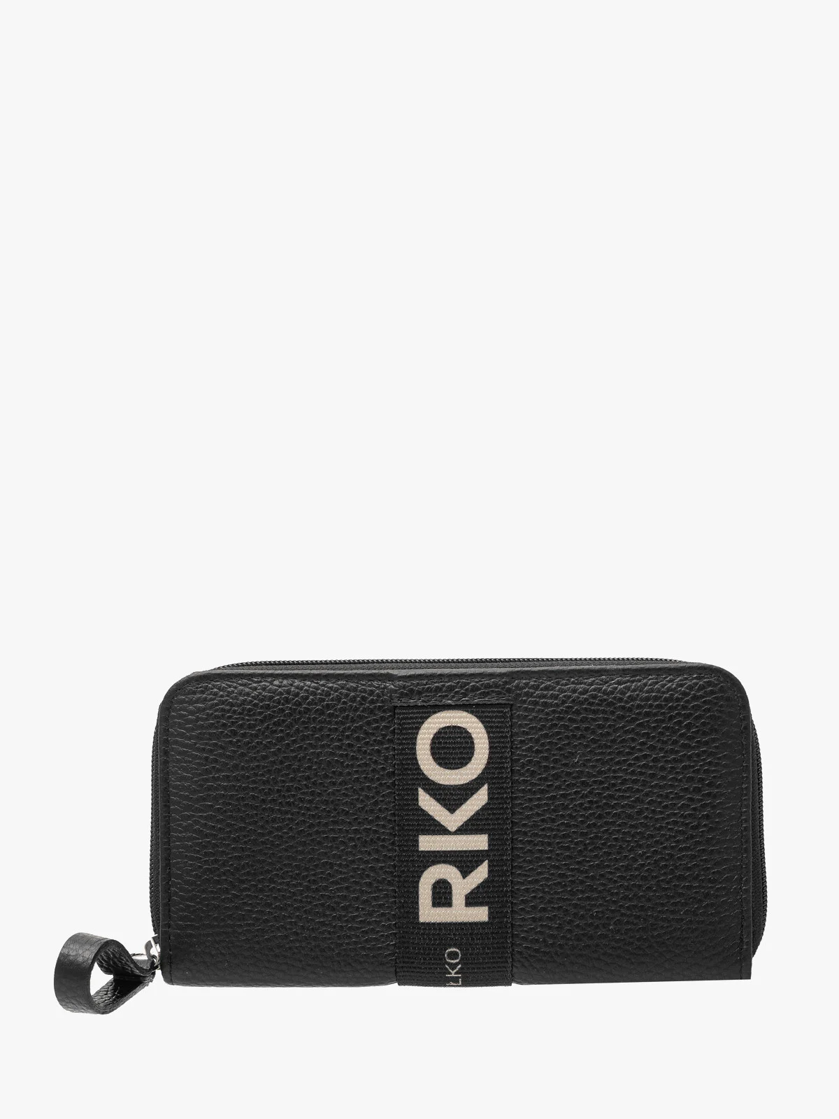 Czarny portfel damski ozdobiony taśmą z logotypem