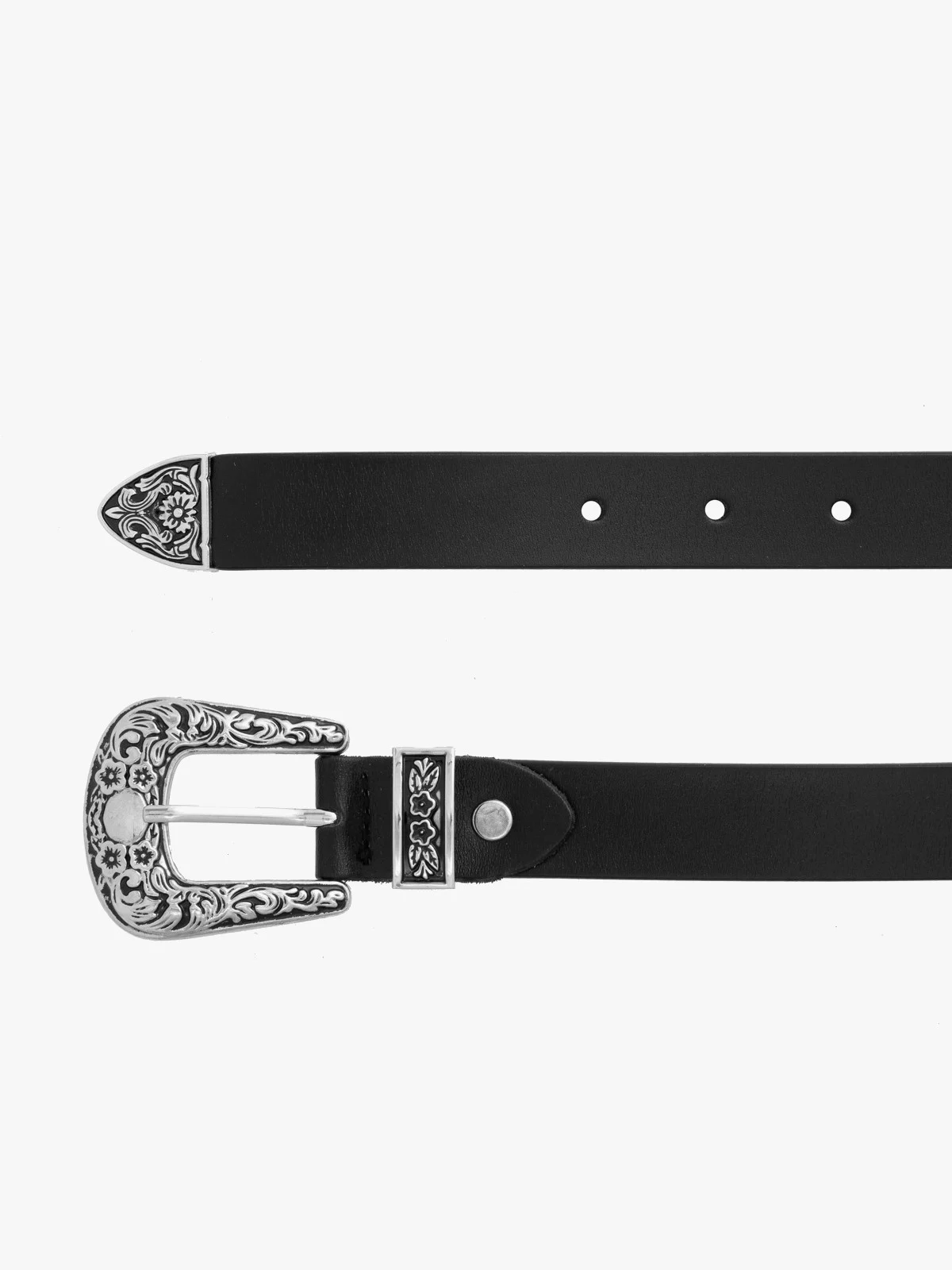 Czarny skórzany pasek z dekoracyjną klamrą